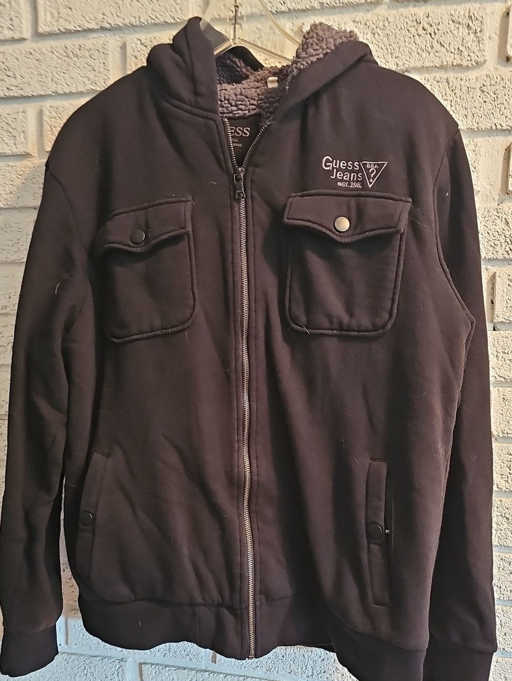 Guess Jeans Black Hooded Sherpa-Lined Zip Jacket